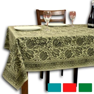 Cotton Vegetable Dye Hand Block Print Tablecloth Rectangle Beige Blue Green Red - Picture 1 of 21