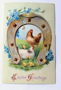 Vintage Easter Greeting Postcard Holiday Chick Chicken Antique Germany Horseshoe - Picture 1 of 3
