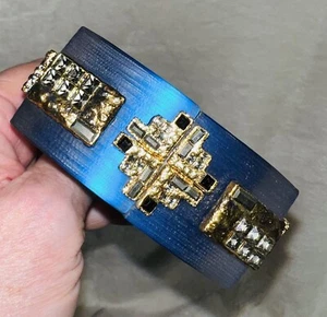 ALEXIS BITTAR Cornflower Blue Lucite ART DECO Crystal Hinged BRACELET, 1.25” W - Picture 1 of 20