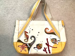 Prada Yellow Leather Beige Canvas Fabric Canapa Sea Life Fish Tote Bag Italy - Picture 1 of 23
