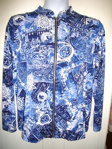 Chaqueta Weekends by Chicos talla 3 talla XL azul con detalles caprichosos blancos cremallera frontal - Imagen 1 de 4