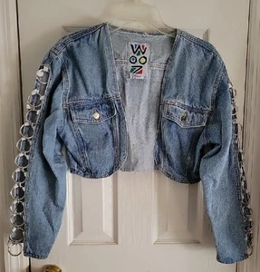 Vintage 90s WOOZ Cropped Jean Denim Jacket w SILVER RING Inserts Open Sleeves  - Picture 1 of 7