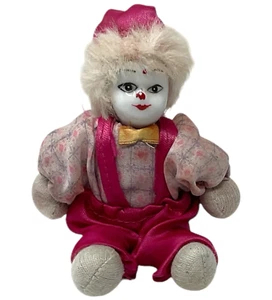 Vintage Clown Doll 5" Sitting Hand Painted Porcelain Face Sandbag Body - Picture 1 of 6