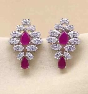 Women's Stud Earring 3Ct Pear Cut Lab-Created Pink Ruby 14K White Gold Plated - Picture 1 of 8