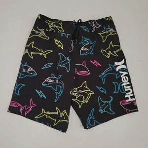 Hurley Boys Black W Shark Patterned Swim Trunks Drawstring Waist W Pockets Sz 4 - Picture 1 of 5