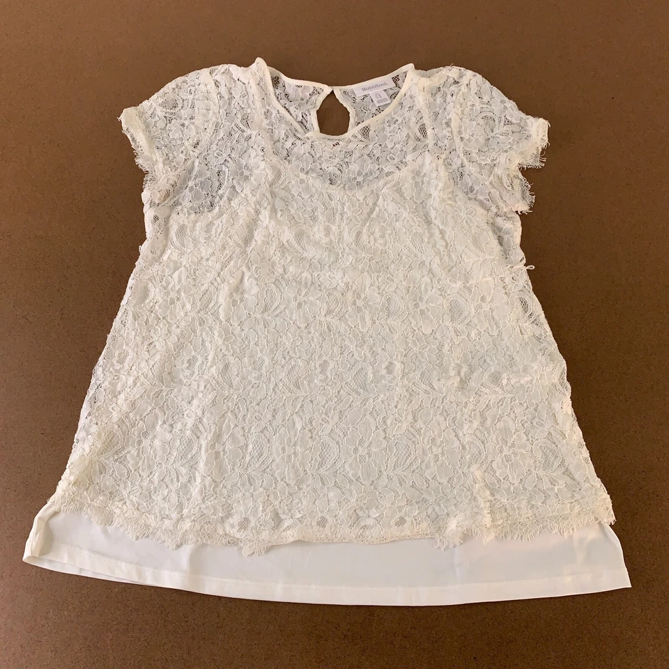 Motherhood Maternity Women's Size Large Ivory Lace Layered Short Sleeve Blouse - Image 1 of 4