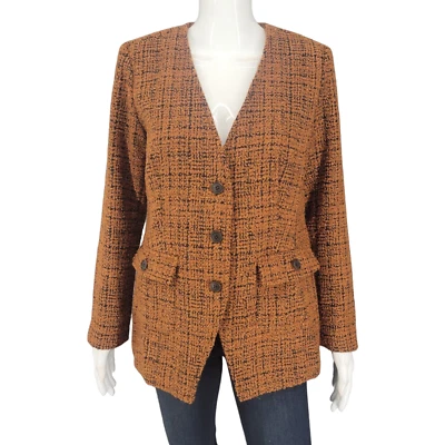 Jaqueta Linea by Louis Dell'Olio Tecido Boucle Botão Pequeno Tamanho 6 Marrom Bolsos Top - Imagem 1 de 4