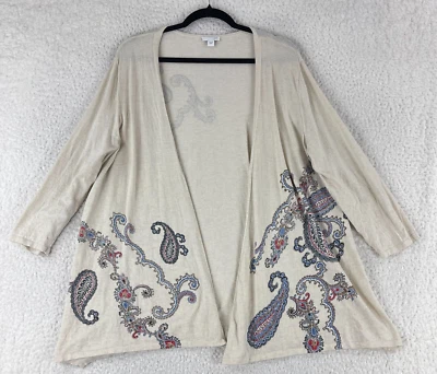 J. Jill Cardigan Sweater Womens Large Ivory Paisley Print 3/4 Sleeve Cotton Knit - Image 1 of 4