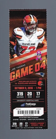 TOM BRADY - 2016 NEW ENGLAND PATRIOTS @ CLEVELAND BROWNS FULL FOOTBALL TICKET Cover