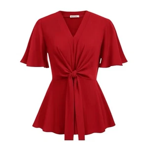 GRACE KARIN Women's Elegant V Neck Peplum Tops Tie Front Short Bell Sleeve Red S - Picture 1 of 4