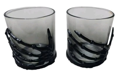 Set of 2 3D Metal Skeleton Hand Whiskey Tumblers 10 oz. Smoked Glass ~ Halloween - Image 1 of 4