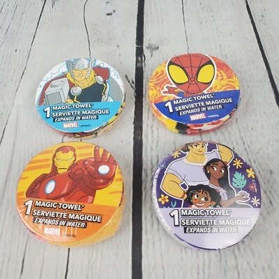 New 4 Magic Towels Compressed Washcloths Encanto, Spider Man, Iron Man, Thor - Image 1 of 2