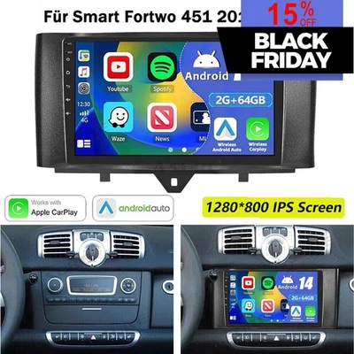 64G Android 14 Autoradio Carplay BT GPS Navi Für Benz Smart Fortwo 451 2010-2015 - Bild 1 von 4