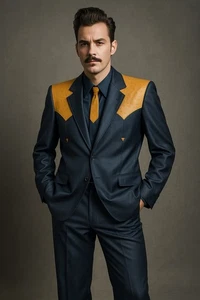 70s Vtg West Line Suit Mens 46/38 Blue Ostrich Western Point Yoke Rockabilly - Picture 1 of 21