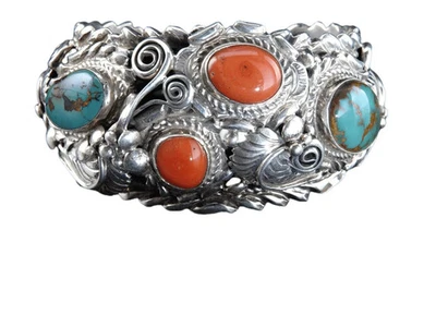 7" Joe Paul Navajo Sterling Royston Turquoise and Coral Cuff Bracelet - Image 1 of 4