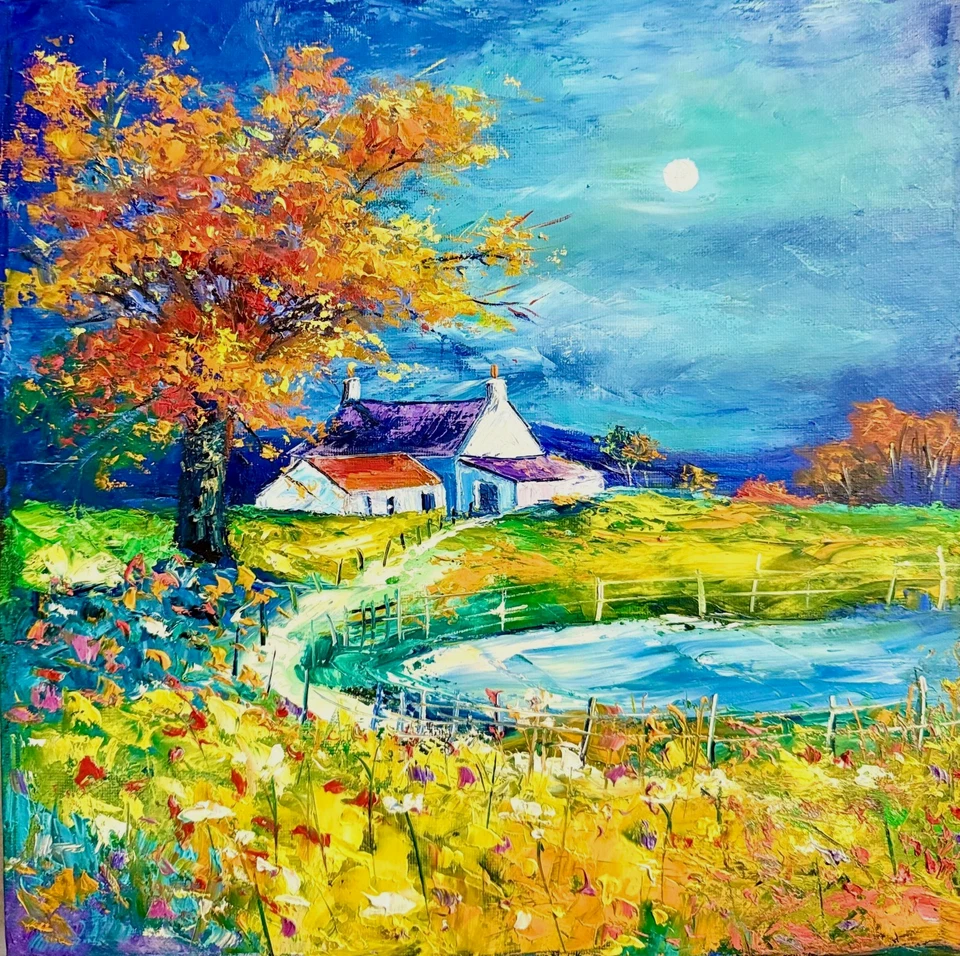 Pintura al óleo escocesa original de Natalie Souter "Luna de cosecha en Bruernish Barra" Foto 1 de 1