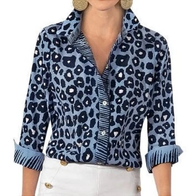 {Gretchen Scott} "Me Jane Boyfriend Shirt" Blue Cheetah Leopard Button Down XXL - Image 1 of 4