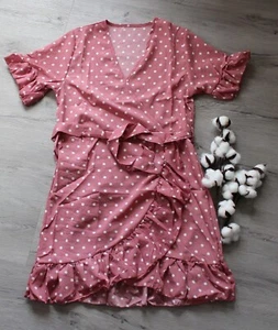 Women Sexy Summer Boho Party Chiffon Polka Dot Pink Robe Style Dress Size S - Picture 1 of 4