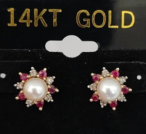 Gorgeous 14K Yellow Gold Ruby & Diamond Stud Earrings - Picture 1 of 5