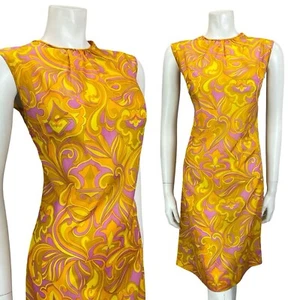 ABITO TUBINO VINTAGE ANNI 60 MOD GOGO ARANCIONE GIALLO VIOLA PSICHEDELICO VORTICE 10 - Foto 1 di 10