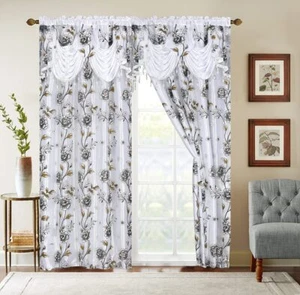 Flower Curtain Window Panel Set Luxury Curtains With Attached Valance And Sheer - Picture 1 of 1