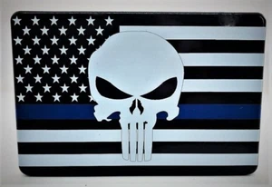 AMERICAN FLAG, BLUE LINE, PUNISHER BILLET ALUMINUM HITCH PLUG COVER, UV-4"x 6" - Picture 1 of 2