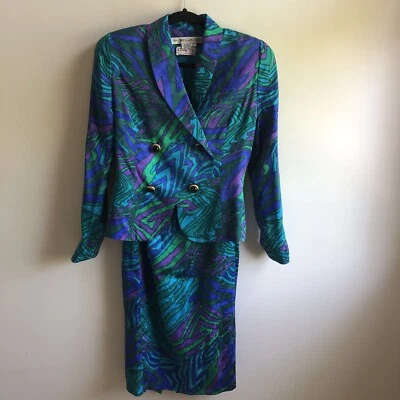 Anne Crimmins UMI Collections Jacket Skirt Set Women 6 Silk Blue Green Retro 80s - Image 1 of 4