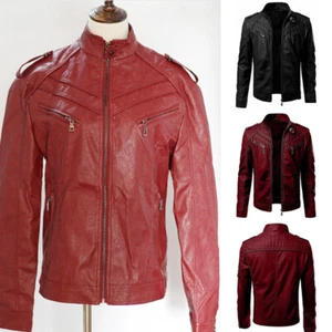 Men's Leather Jacket Black and Wine Red Jacket Slim Fit Biker Motorcycler New PU - Picture 1 of 8