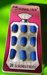Salon Blue Matte Gold Pre Decorated Artificial False Nail Set Holiday - Picture 1 of 2