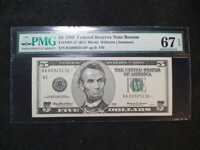1999 BOSTON Five Dollar PMG SUPERB GEM UNC 67 EPQ Fed Reserve STAR NOTE $5 BILL! - Image 1 of 4