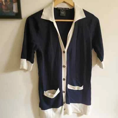 Yansi Fugel collared contrast short sleeve navy creme cardigan S SMALL - Image 1 of 4