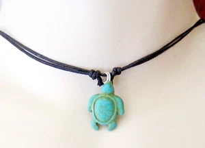 TURTLE PENDANT BLACK CORD NECKLACE CHOKER CHARM BLUE STONE BEACH SURF GIRL WOMEN - Picture 1 of 3
