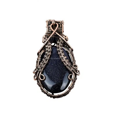 Oferta del Día de la Amistad Cobre Ovalado Azul Piedra Solar Alambre Envoltura Boho Esposa Colgante Foto 1 de 4