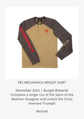 Destiny 2 Tex Mechanica Henley 衬衫男女通用大号 SOTW 带 Venn's Pulsar 徽章 — 第 1/4 张图片