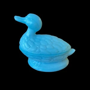 Antique Blue Milk Glass Duck on a Nest Trinket Box  Made in France 5.25" - Picture 1 of 7