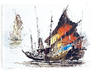 1982 Wilson Ship Impasto Painting Nautical Asian Sailboat Retro Small Art Canvas - Picture 1 of 3