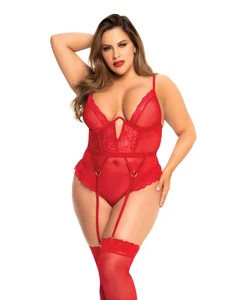 Mapale Lingerie Plus Heart Lace Underwire Bodysuit Red - Picture 1 of 2