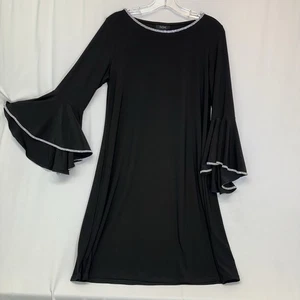 MSK Black Shift Cocktail Dress Size M Rhinestone Trim Bell Sleeves Knee Length - Picture 1 of 6