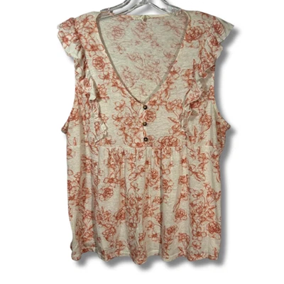 Camiseta sin mangas Como Blu para mujer 1X blanca con estampado floral de toile manga con volantes mezcla de lino fluido Foto 1 de 4