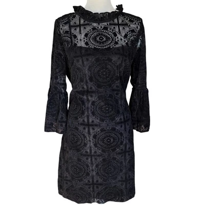 Vestido Vaina Calvin Klein Negro Encaje Volantes Cuello Manga Campana Talla 14 Foto 1 de 4