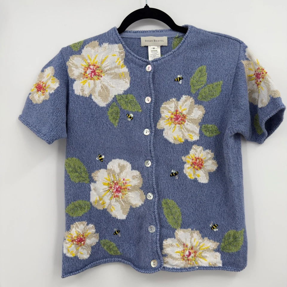Vintage Floral Bee Knit Cardigan Sweater Y2K Ramie Cotton Susan Bristol M Mori - Image 1 of 4