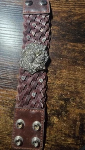 Vintage braun geflochtenes Leder Chunky Armband klar Strass silberfarben Blume - Bild 1 von 6