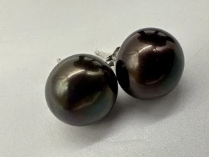 Vintage Tahitian Black Pearl Round Stud Earrings  - Picture 1 of 5