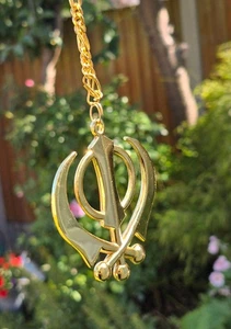 Gold plated punjabi sikh large khanda no stones stunning pendant car rear - Picture 1 of 12