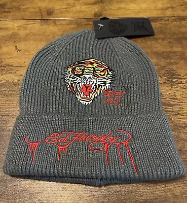 Ed Hardy Tiger Embroidered Knitted Unisex Casual Beanie Hat Grey - New With Tags - Image 1 of 4