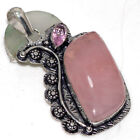 925 Silver Plated-Rose Quartz Pink Kunzite Ethnic Long Pendant Jewelry 2.1" GW
