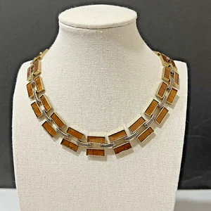 Collar de eslabones vintage tono ámbar 16" paneles geométricos rectangulares estilo Art Deco - Imagen 1 de 9