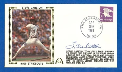 Steve Carlton autographed 04-28-81 Philadelphia 3000 Ks First Day Issue Unused - Image 1 of 3