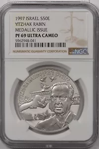 Israel 1997 50 Euro NGC Proof 69UC Silver yitzhak Rabin Medallic Issue NG1509 co - Picture 1 of 2