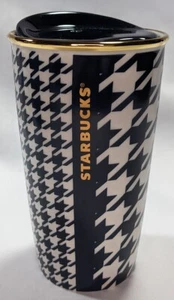 STARBUCKS 2015 Black & White pattern 12oz Ceramic TUMBLER with Ceramic LID - Picture 1 of 4